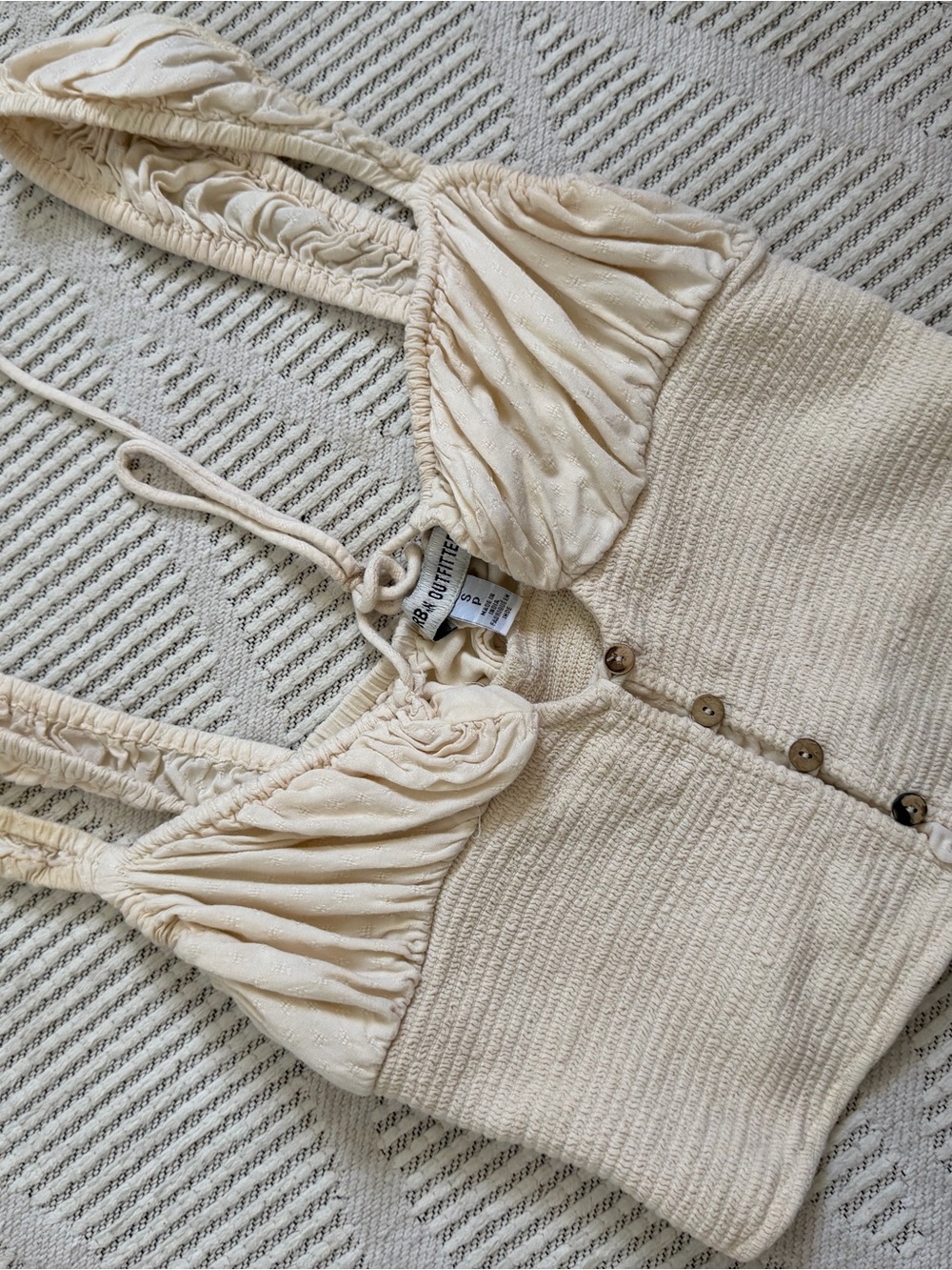 Urban Outfitters Cream Smocked Button-Front Cropped Top